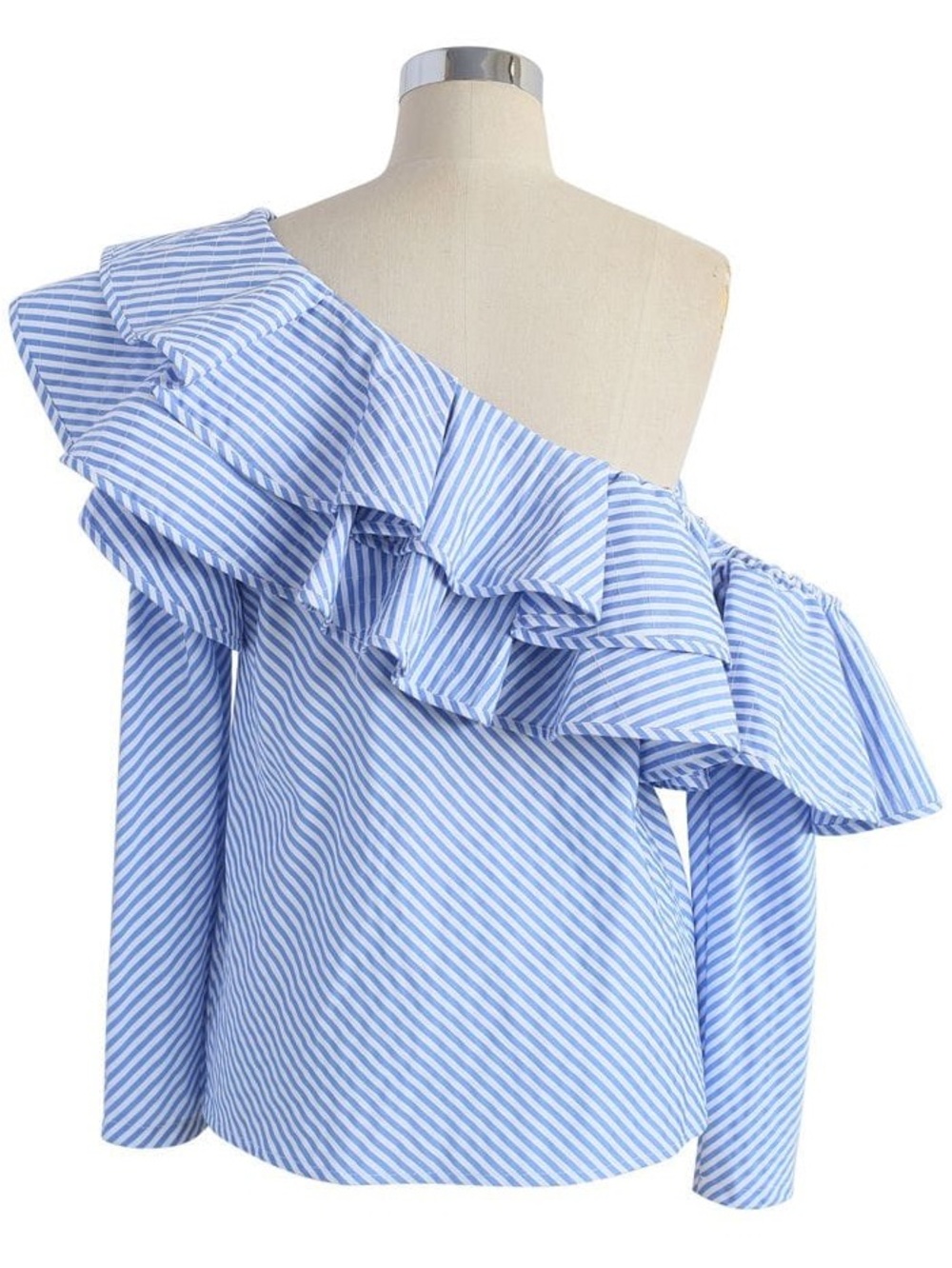 Chicwish Blue and White Striped One-Shoulder Ruffle Tunic
